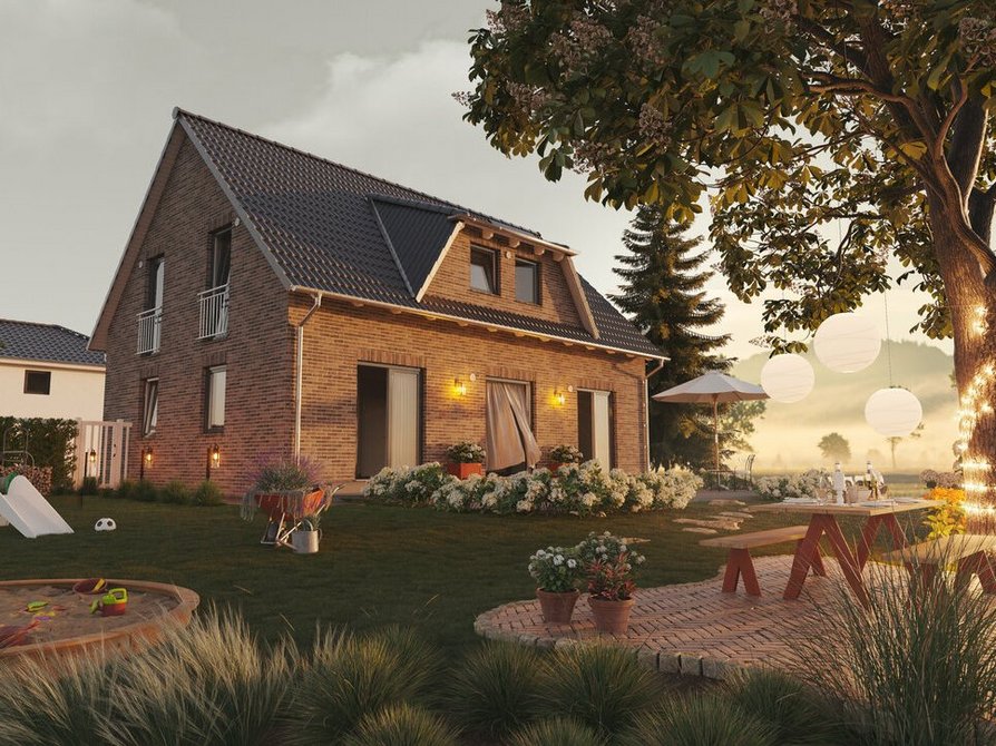 Genießen Sie das Klinkerhaus in Cinder Kohle Landhaus 142 mit Gartenblick, bodentiefen Fenstern, Photovoltaikanlage, Schleppgaube und heller Fassade für zeitlose Eleganz.