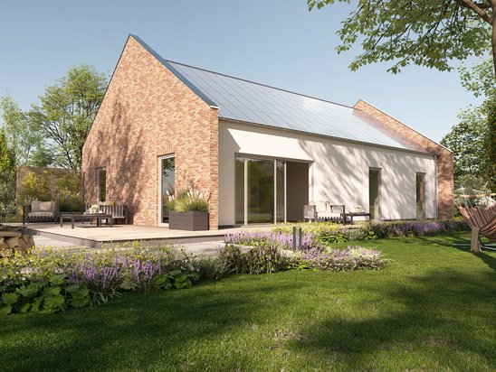 Bungalow mit englischem Giebel – Energieeffizienz modern gedacht Stilvoller Bungalow 100 mit englischem Giebel, bestens geeignet für eine Solaranlage