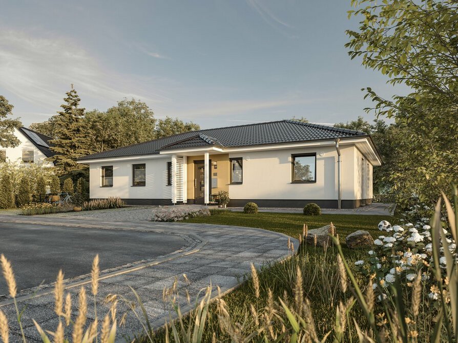 Der Bungalow 131 in Variante Style mit Sicht auf den Eingangsbereich und Vordach